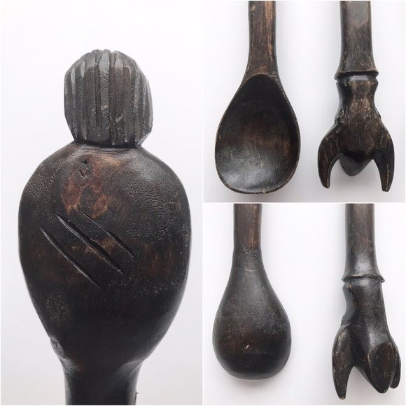 HAND CARVED Primitive Wood Vintage Utensils Set of 4 - Picture 5 of 8
